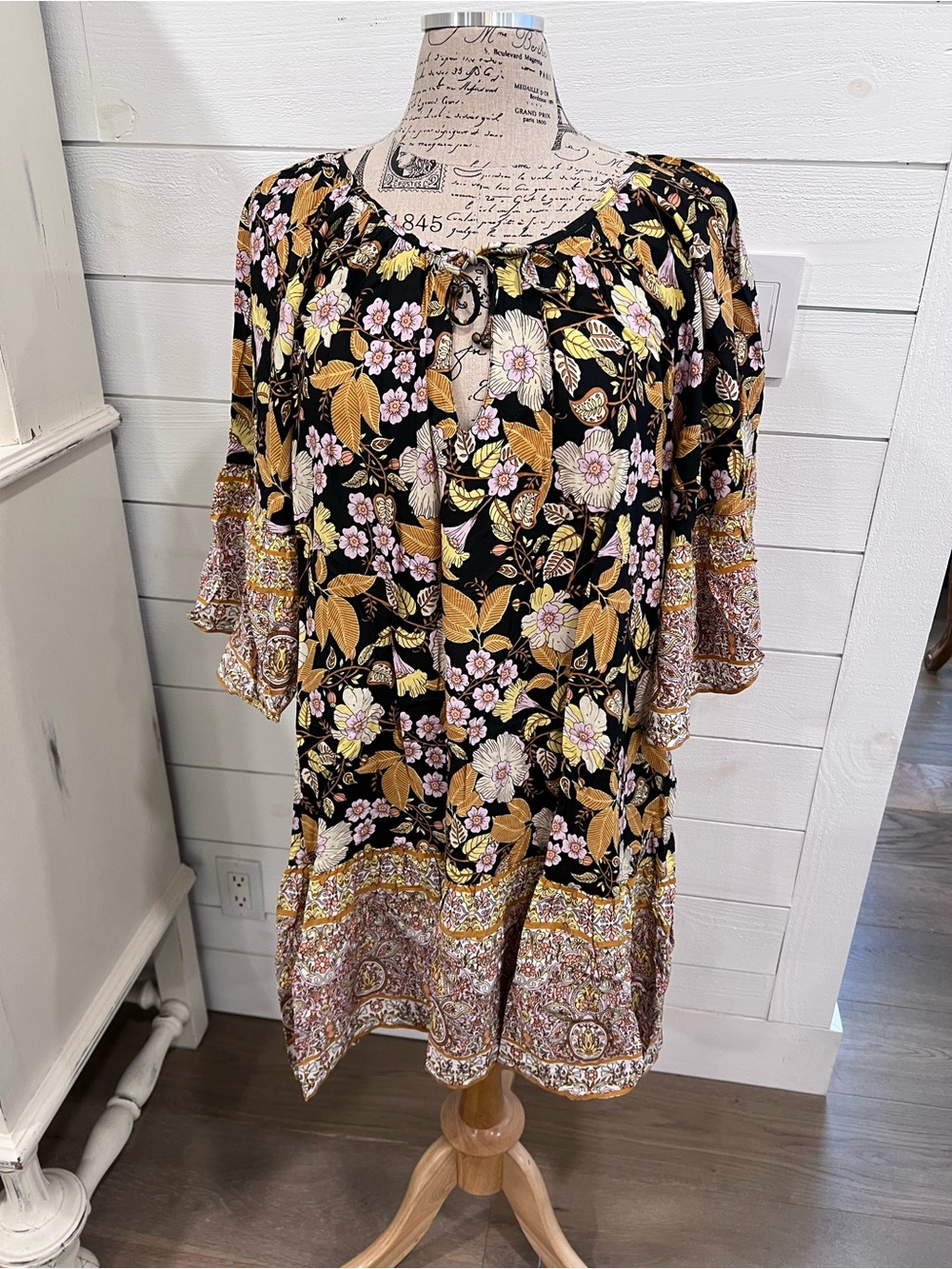 Floral Tie-Neck Boho Blouse in Black and Mustard